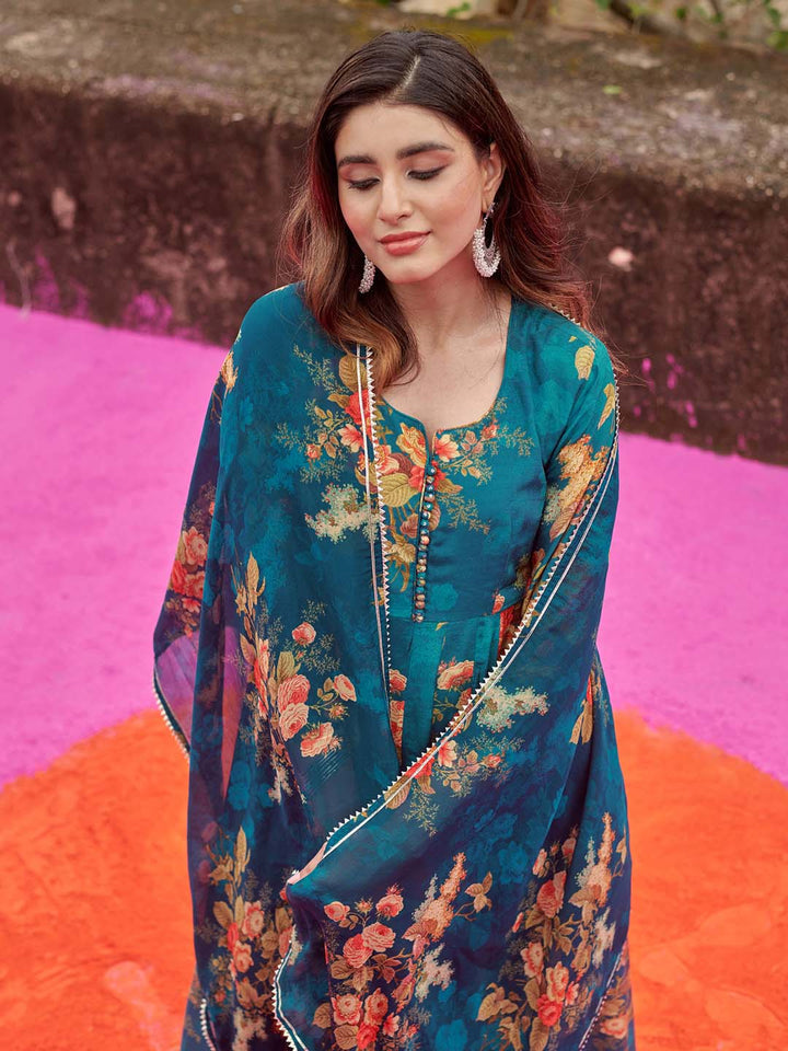 Floral Printed Cotton Kurta With Pants &amp; Dupatta