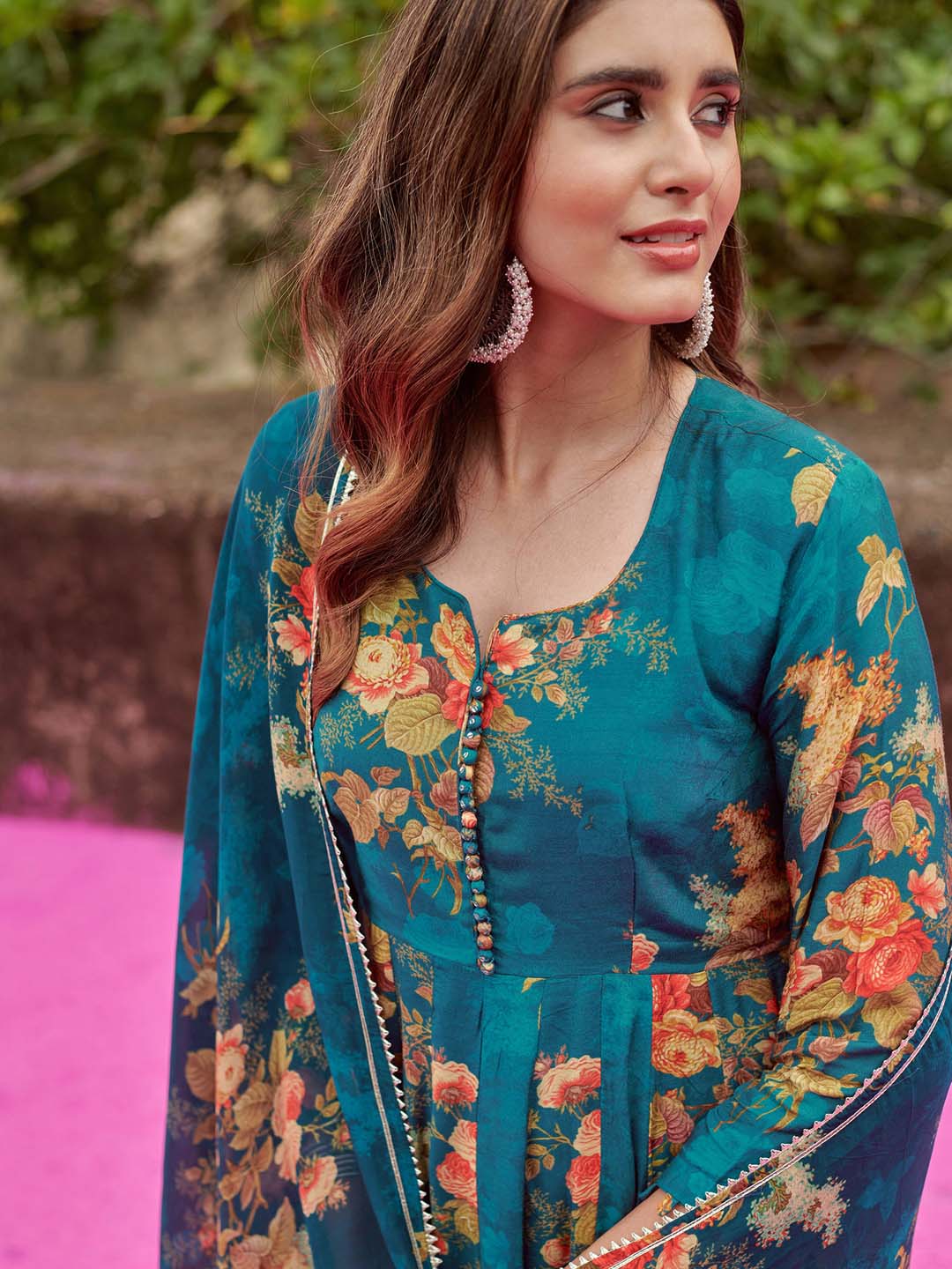 Floral Printed Cotton Kurta With Pants &amp; Dupatta