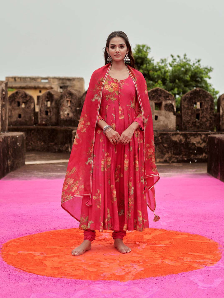 Floral Printed Cotton Kurta With Pants &amp; Dupatta