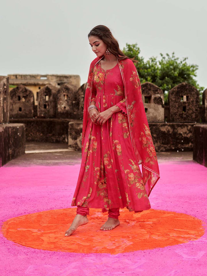 Floral Printed Cotton Kurta With Pants &amp; Dupatta