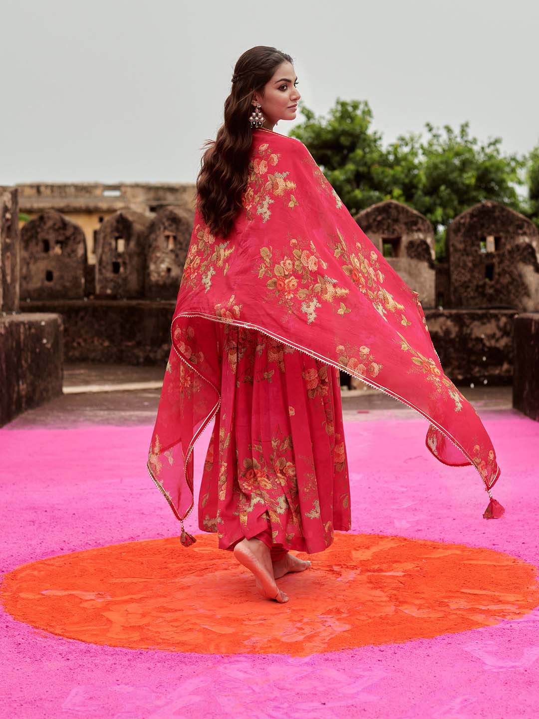 Floral Printed Cotton Kurta With Pants &amp; Dupatta