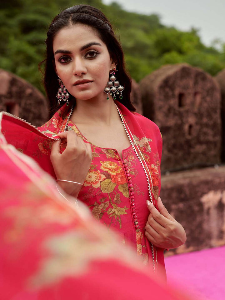 Floral Printed Cotton Kurta With Pants &amp; Dupatta