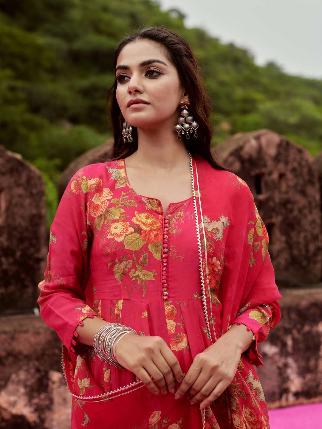 Floral Printed Cotton Kurta With Pants &amp; Dupatta