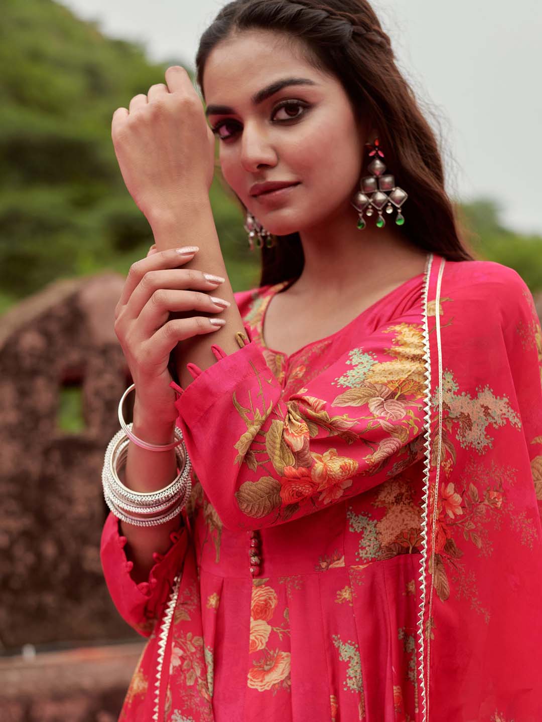 Floral Printed Cotton Kurta With Pants &amp; Dupatta