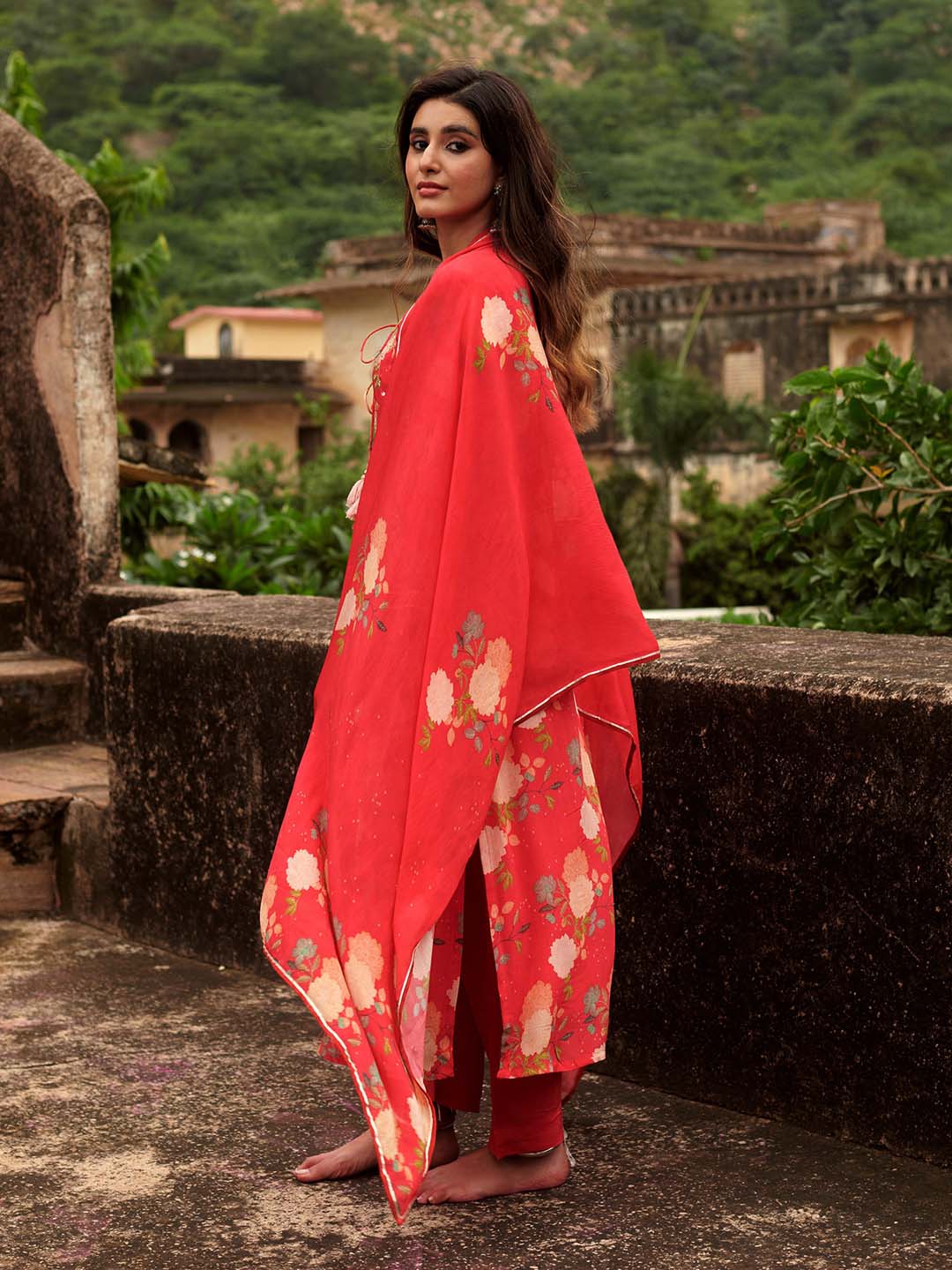 Floral Printed Cotton Kurta With Pants &amp; Dupatta