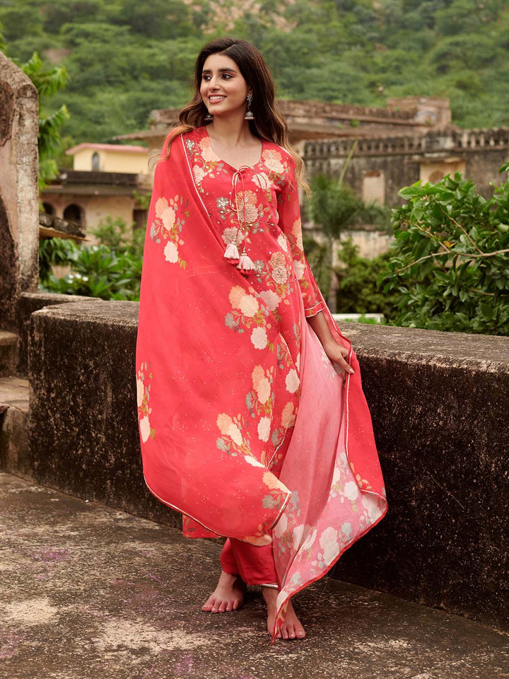 Floral Printed Cotton Kurta With Pants &amp; Dupatta