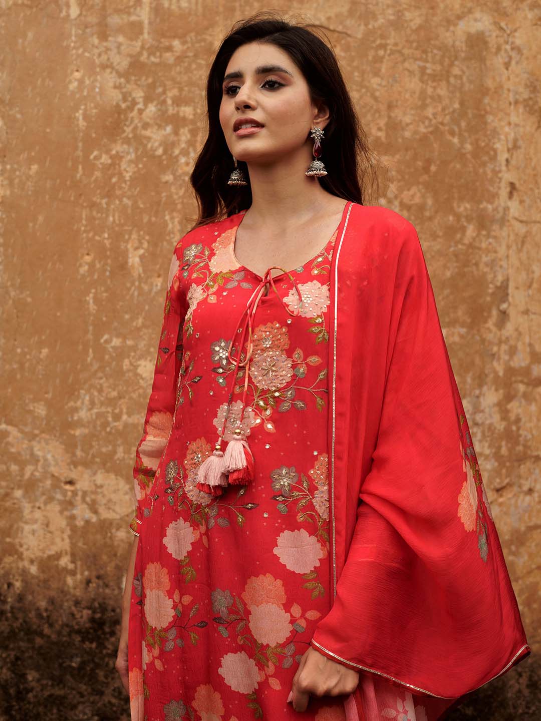 Floral Printed Cotton Kurta With Pants &amp; Dupatta