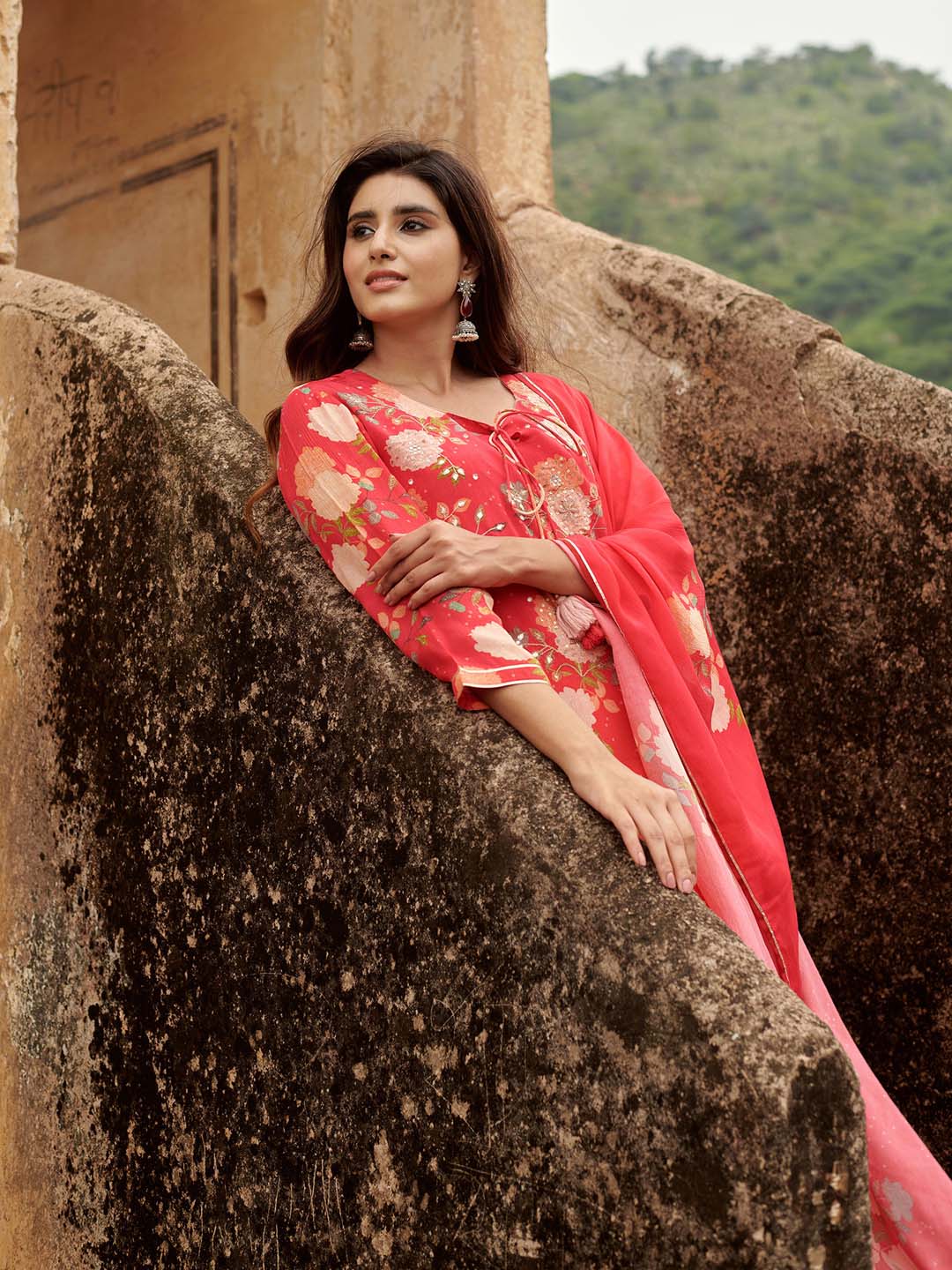 Floral Printed Cotton Kurta With Pants &amp; Dupatta