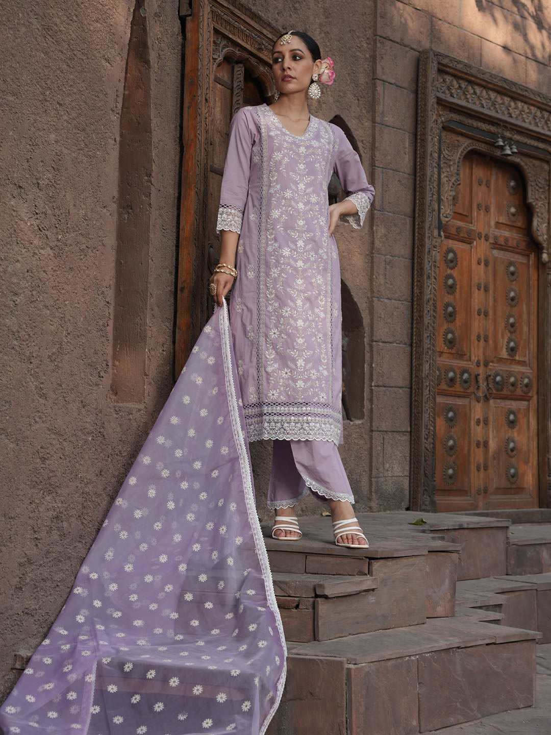 Floral Embroidery Kurta With Pants &amp; Dupatta