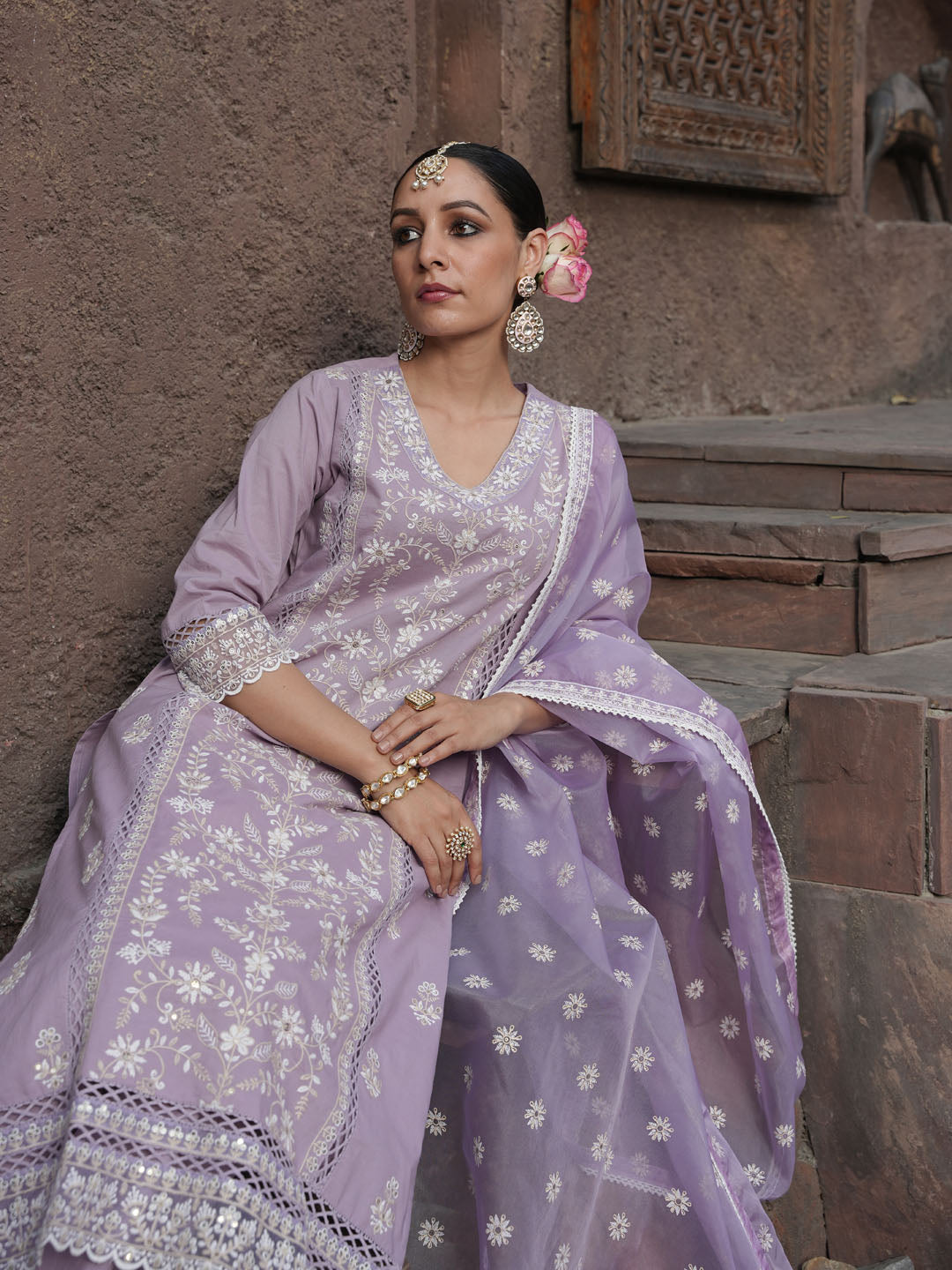 Floral Embroidery Kurta With Pants &amp; Dupatta