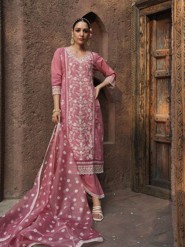 Floral Embroidery Kurta With Pants &amp; Dupatta