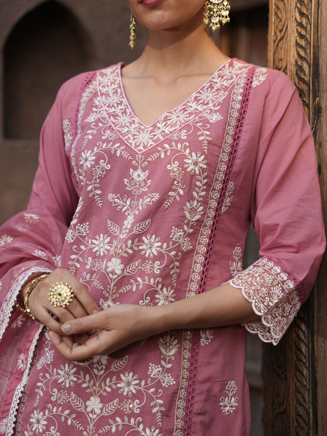 Floral Embroidery Kurta With Pants &amp; Dupatta