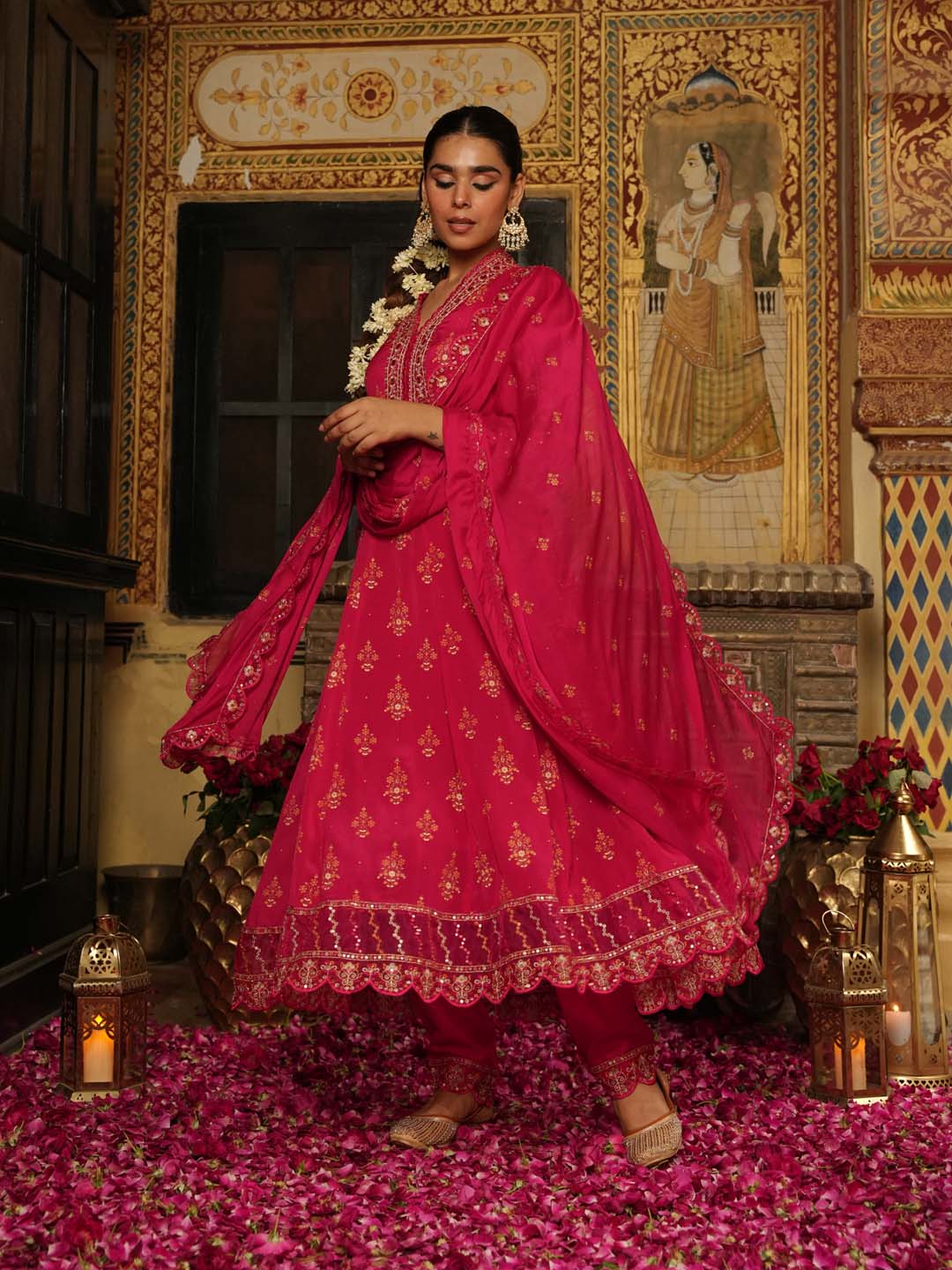Printed Chinnon Kurta With Pants &amp; Dupatta