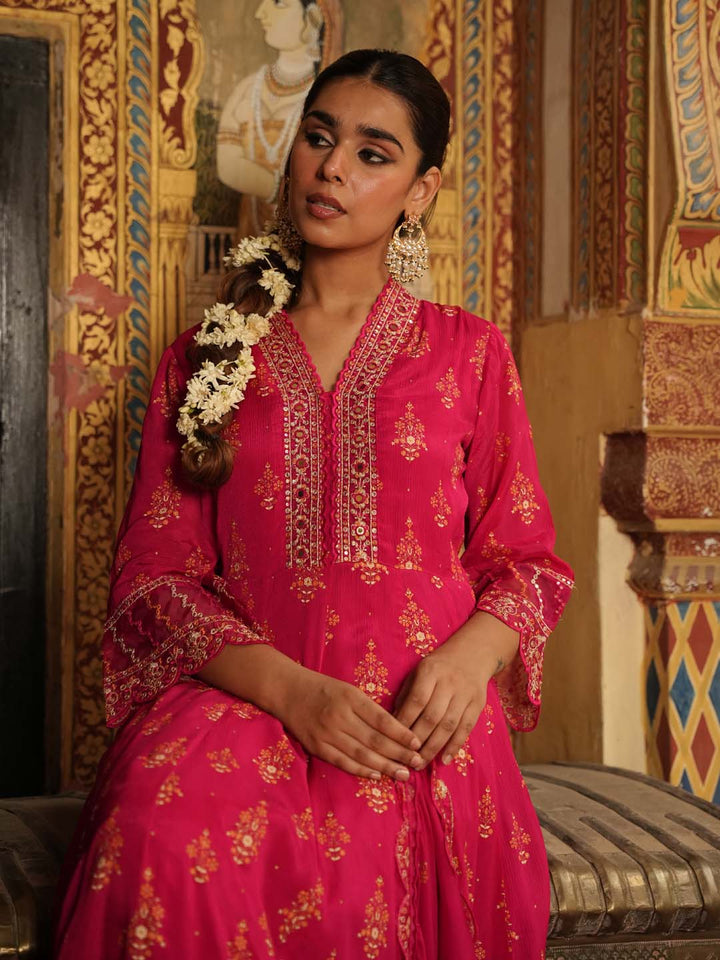 Printed Chinnon Kurta With Pants &amp; Dupatta
