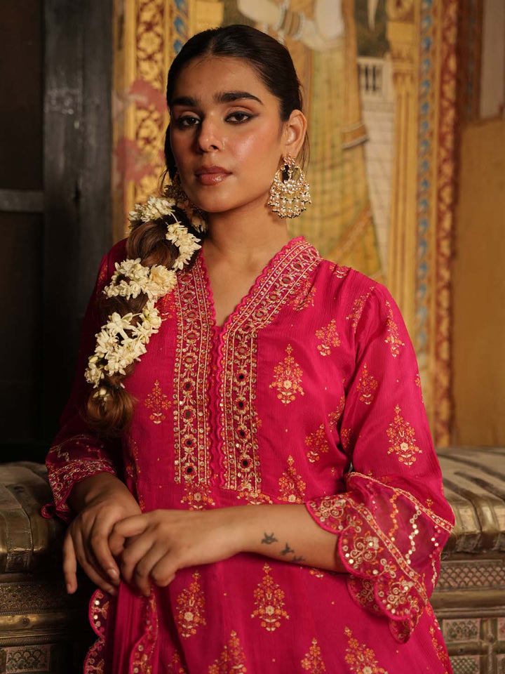 Printed Chinnon Kurta With Pants &amp; Dupatta