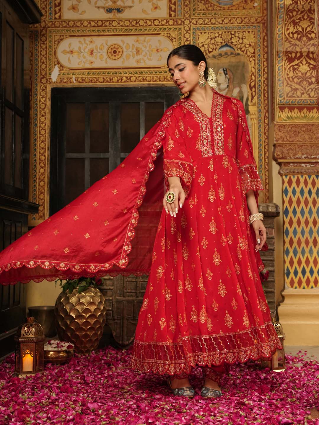 Printed Chinnon Kurta With Pants &amp; Dupatta
