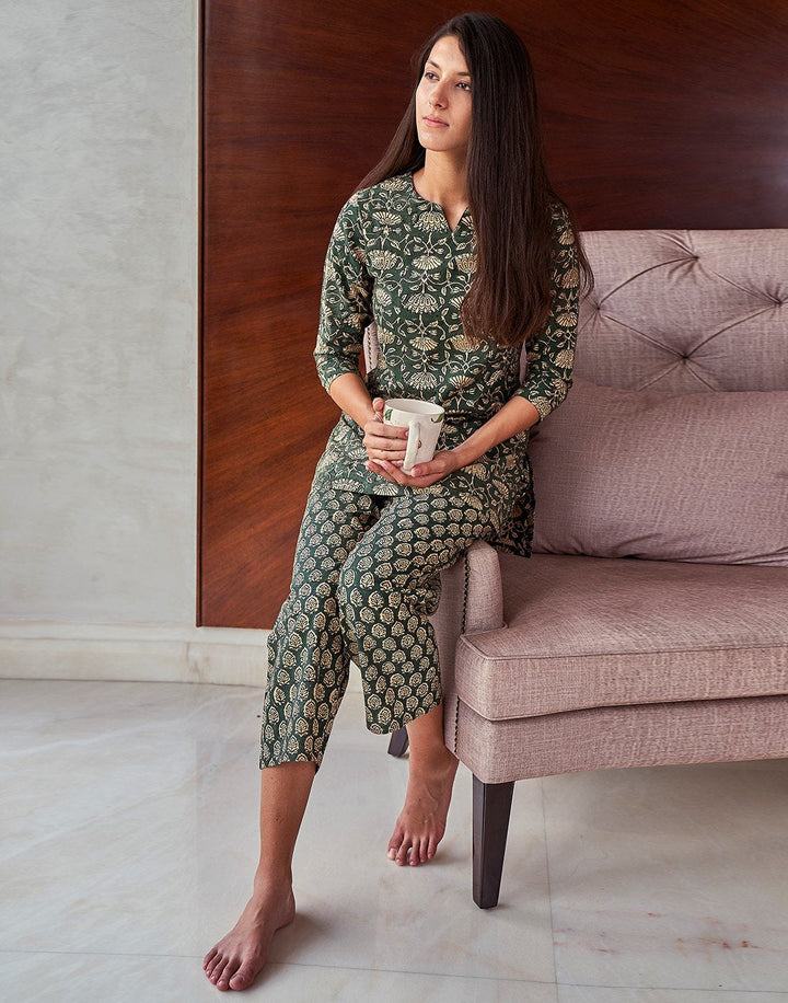 Bottle Green Cotton Printed Short Kurti Set