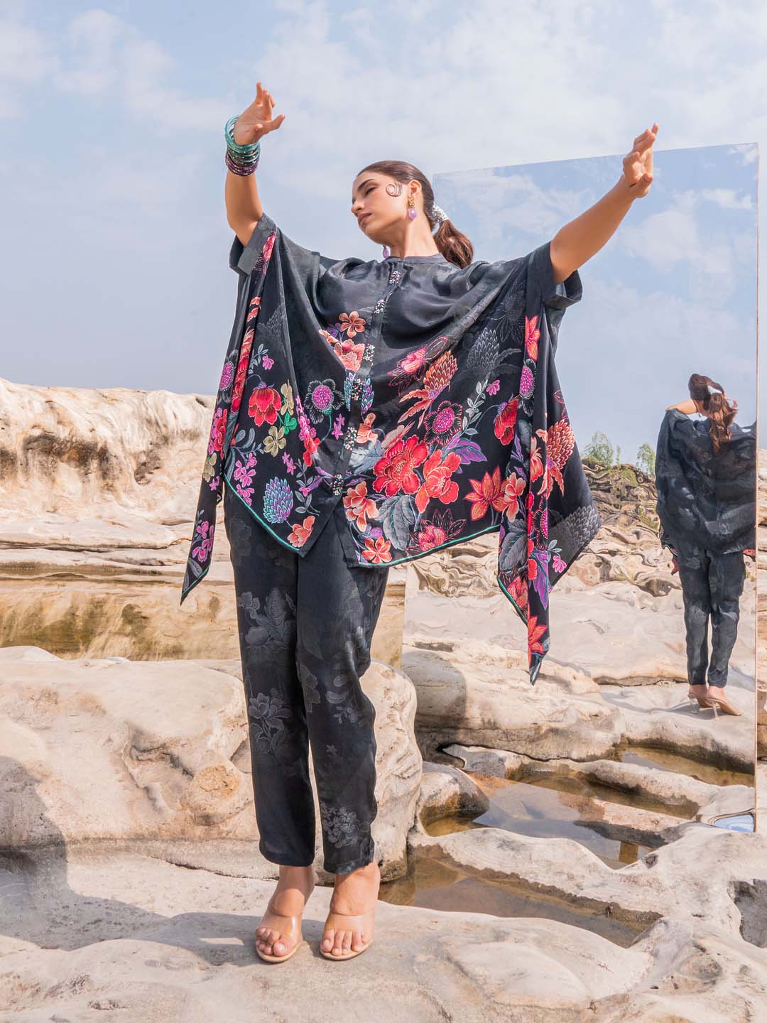 Printed Crepe Kaftan With Pants