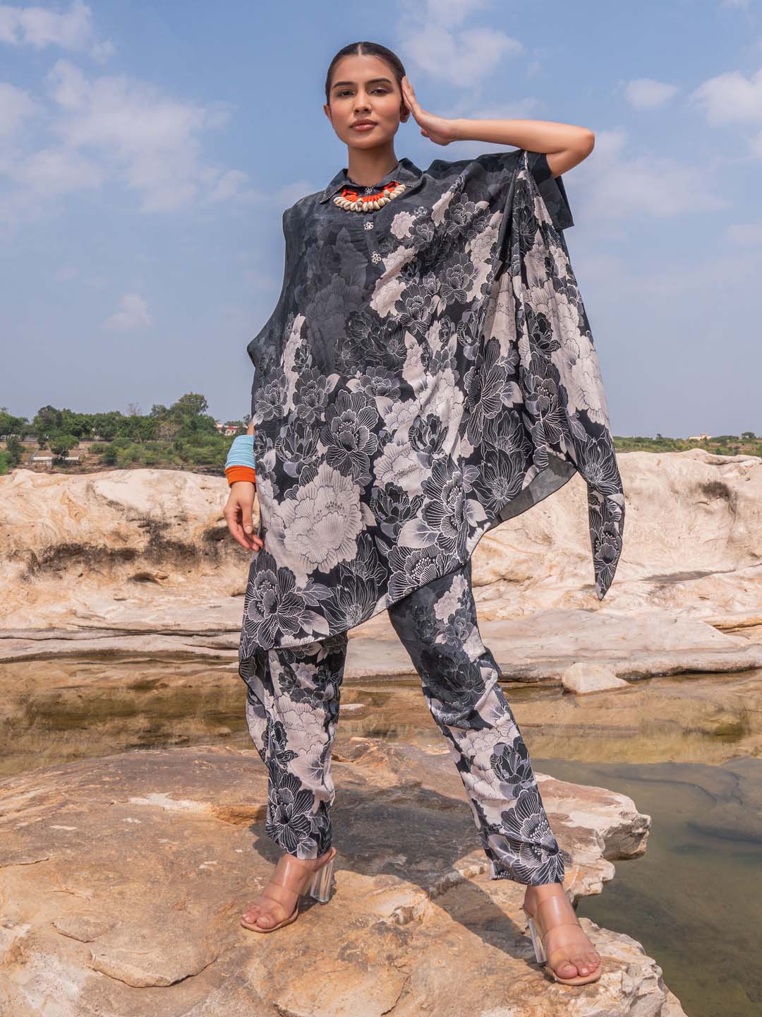 Printed Crepe Kaftan With Pants
