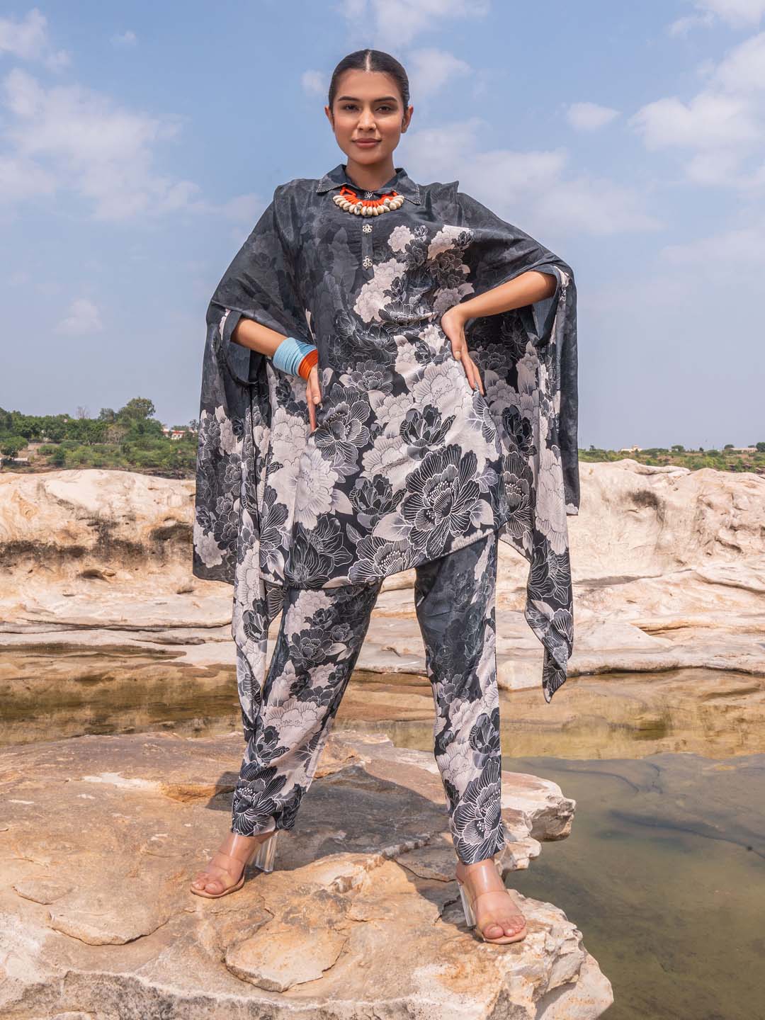 Printed Crepe Kaftan With Pants