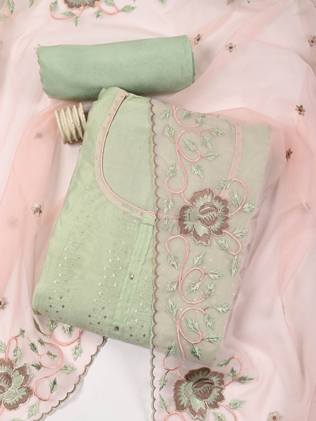 Embroidered Chanderi Unstitched Suit Piece With Dupatta