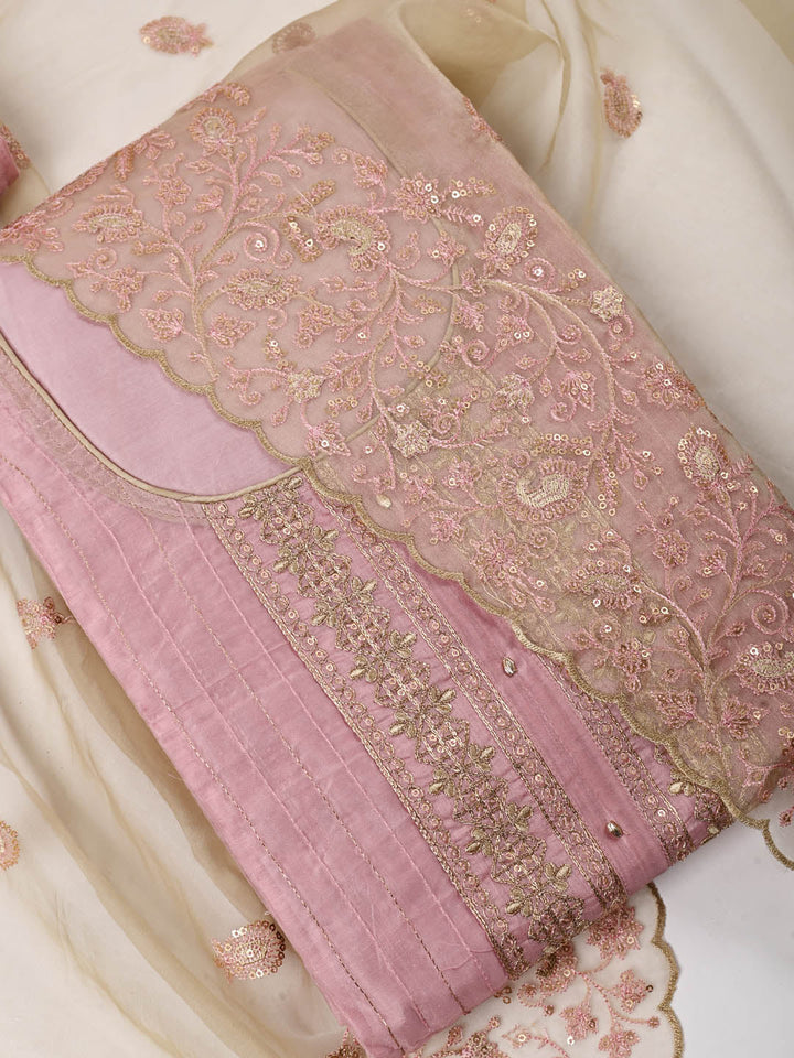 Neck Embroidered Chanderi Unstitched Suit Piece With Dupatta