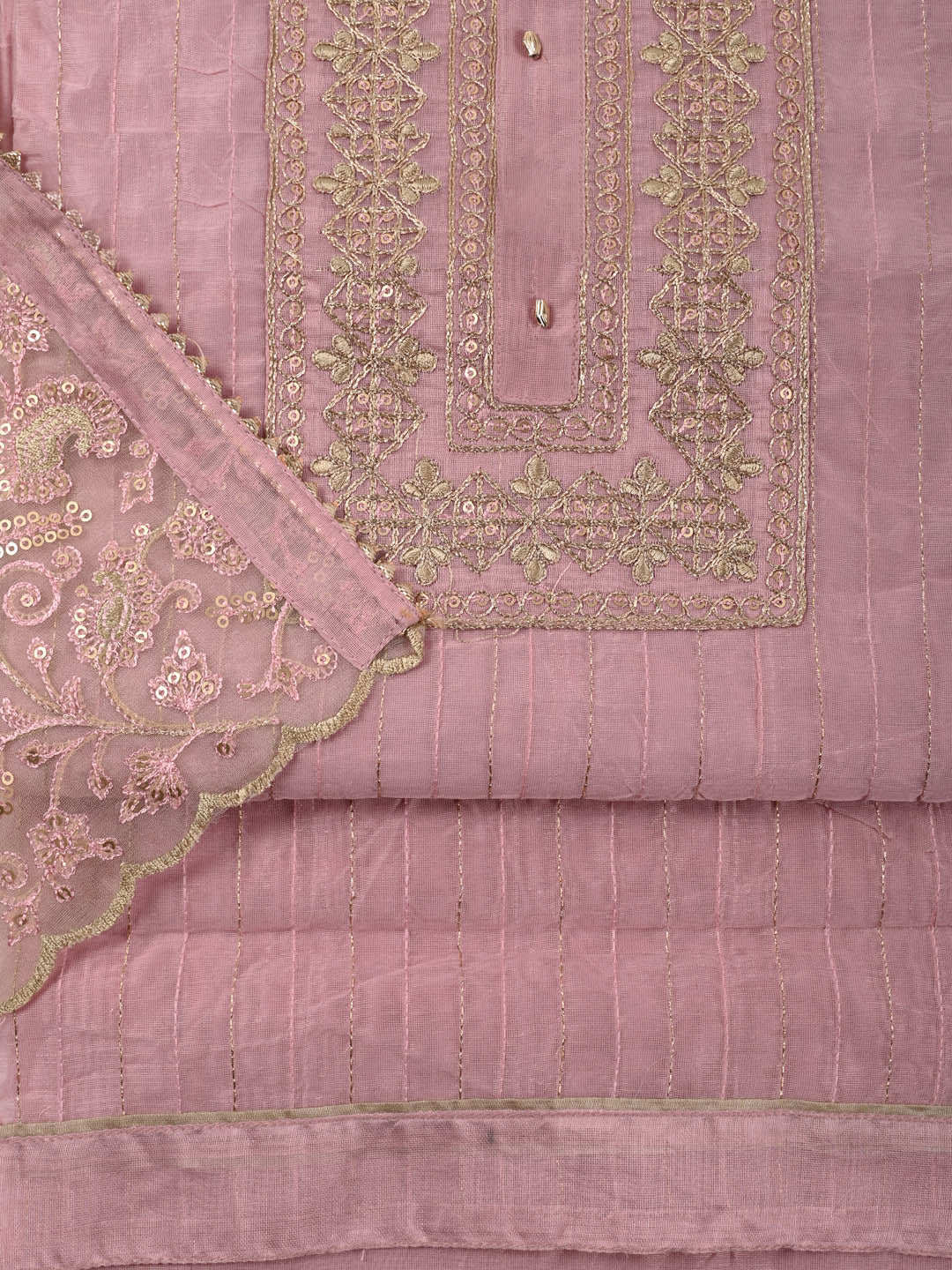 Neck Embroidered Chanderi Unstitched Suit Piece With Dupatta