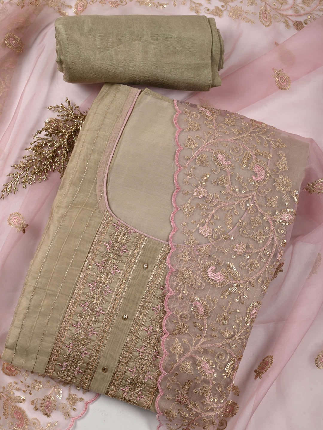 Neck Embroidered Chanderi Unstitched Suit Piece With Dupatta