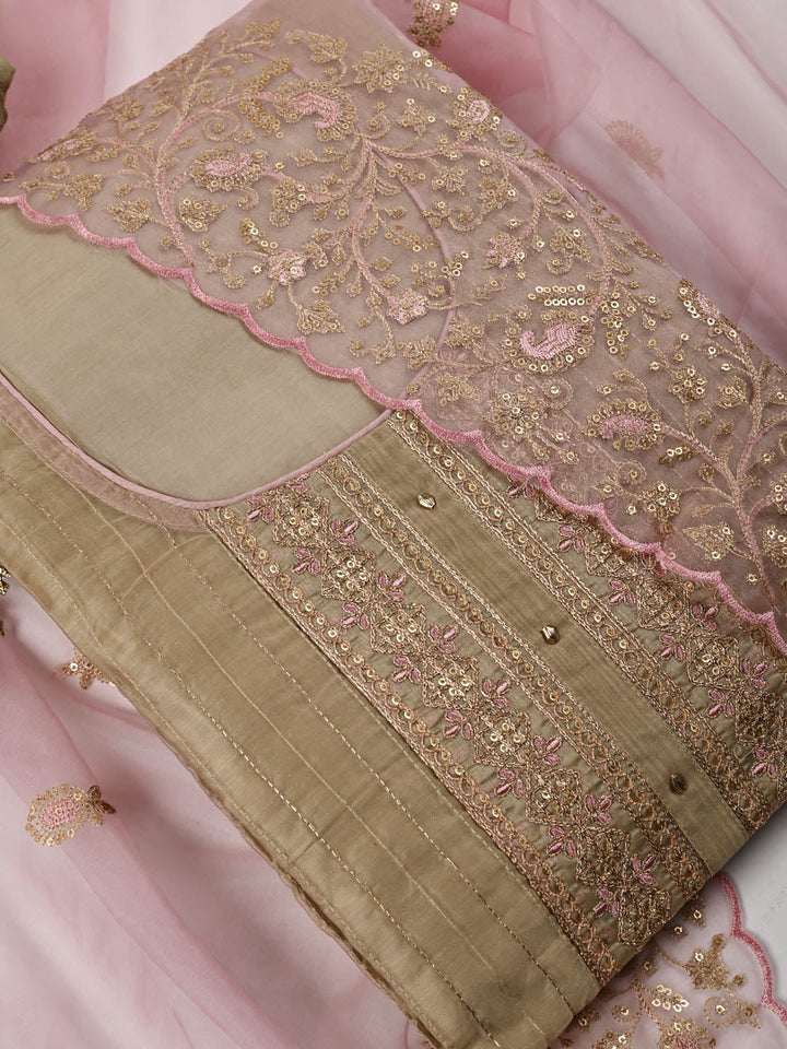 Neck Embroidered Chanderi Unstitched Suit Piece With Dupatta