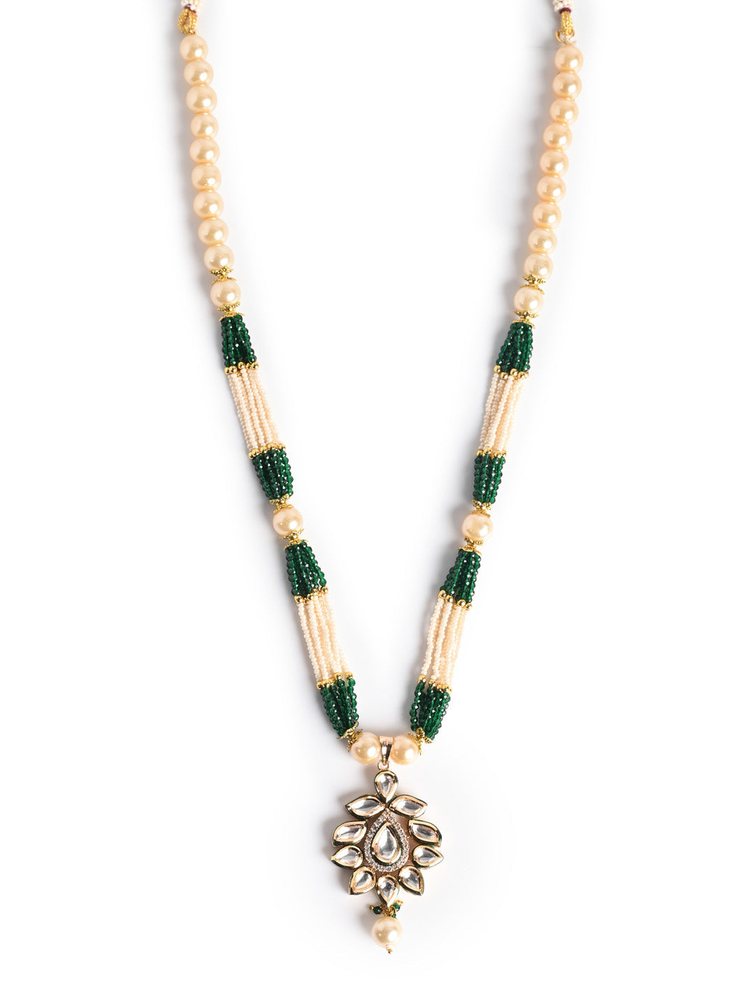 White &amp; Green Pearl Kundan Necklace Set With Earrings