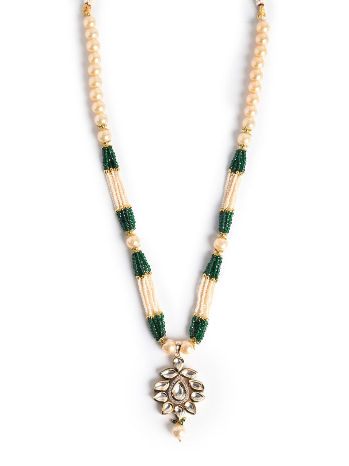 White &amp; Green Pearl Kundan Necklace Set With Earrings
