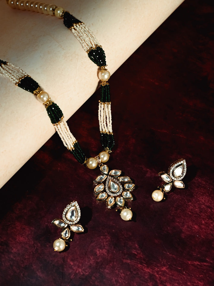 White &amp; Green Pearl Kundan Necklace Set With Earrings