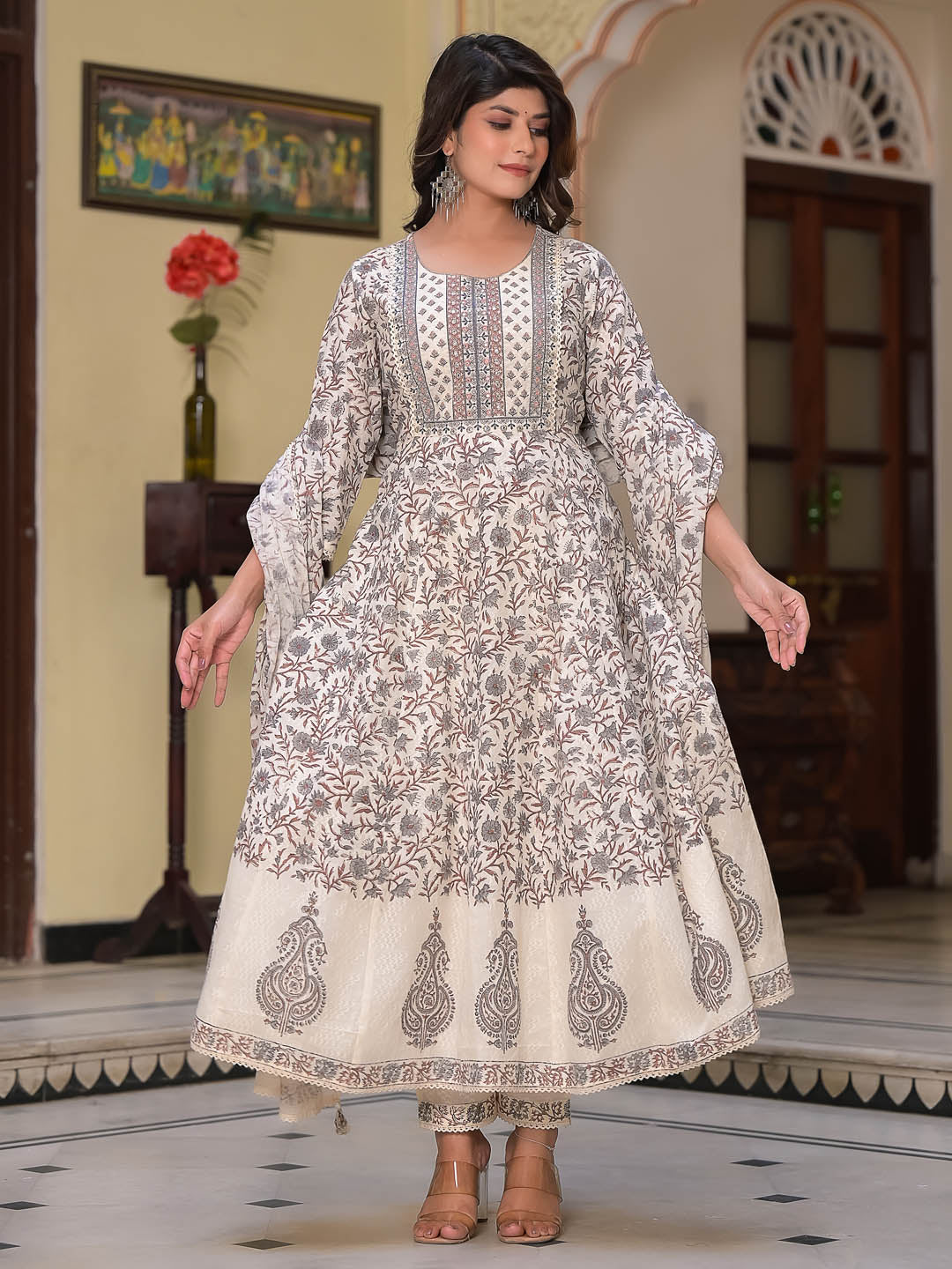 Floral Printed Cotton Kurta With Pants &amp; Dupatta