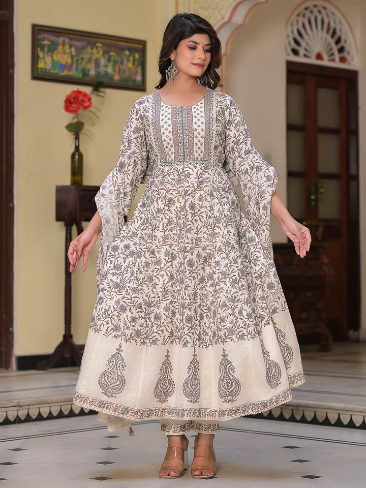 Floral Printed Cotton Kurta With Pants &amp; Dupatta