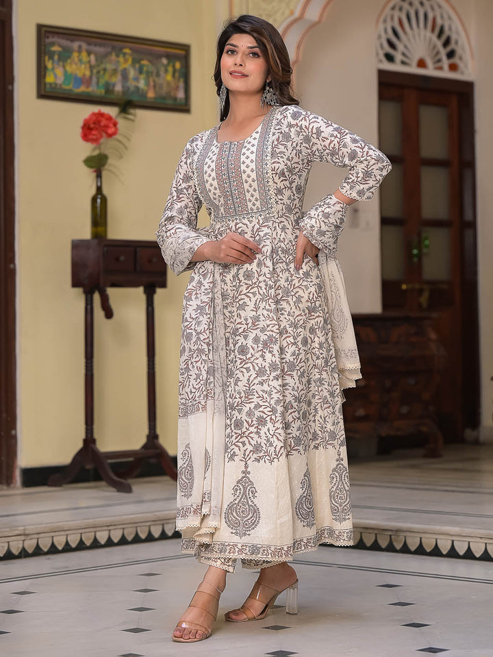 Floral Printed Cotton Kurta With Pants &amp; Dupatta