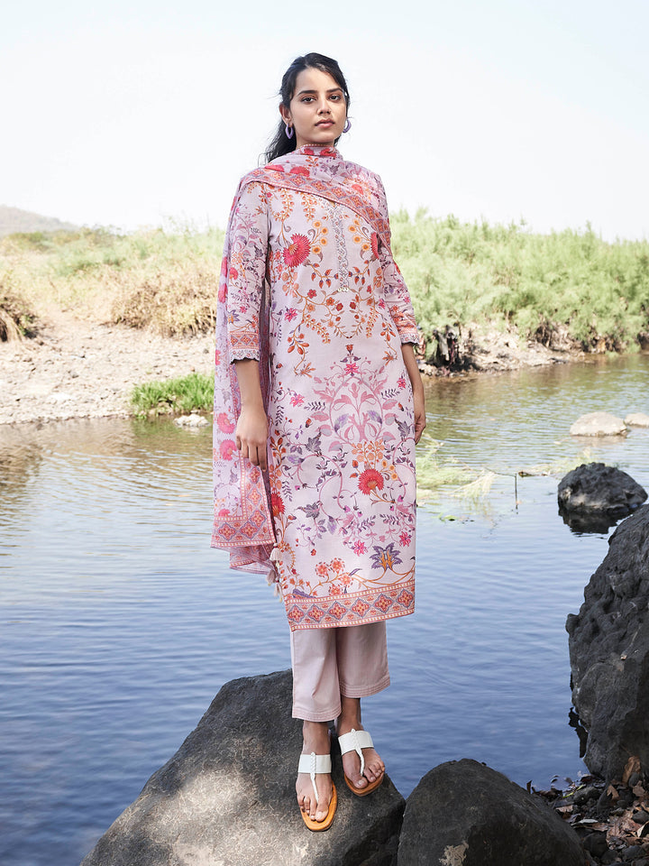 Floral Printed Anarkali Kurta With Pants &amp; Dupatta