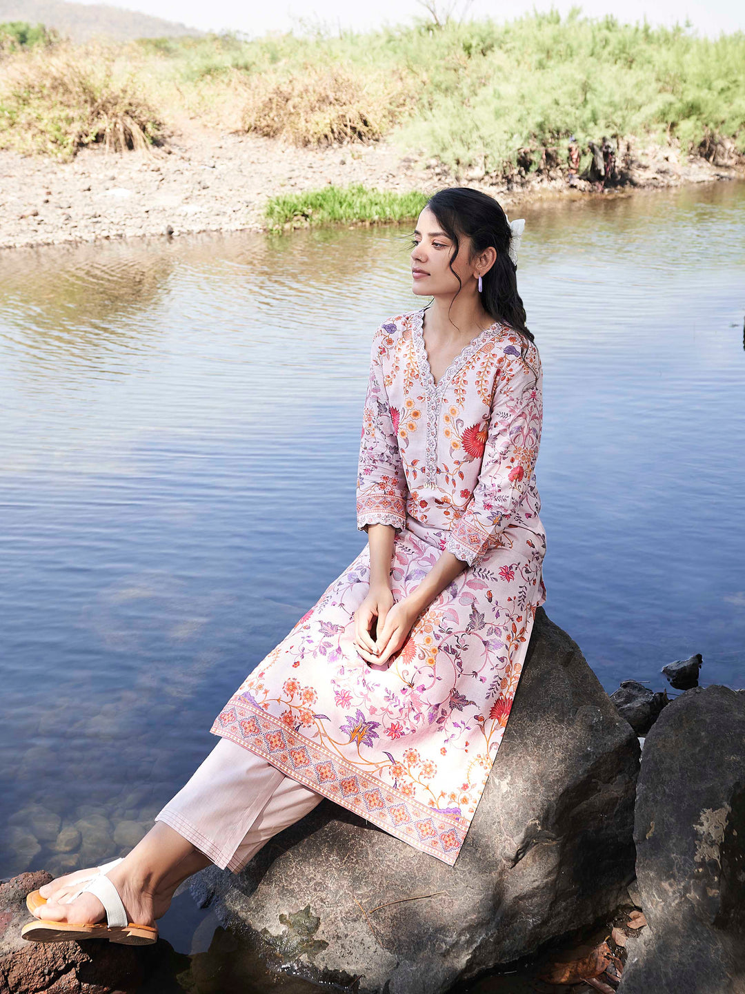 Floral Printed Anarkali Kurta With Pants &amp; Dupatta