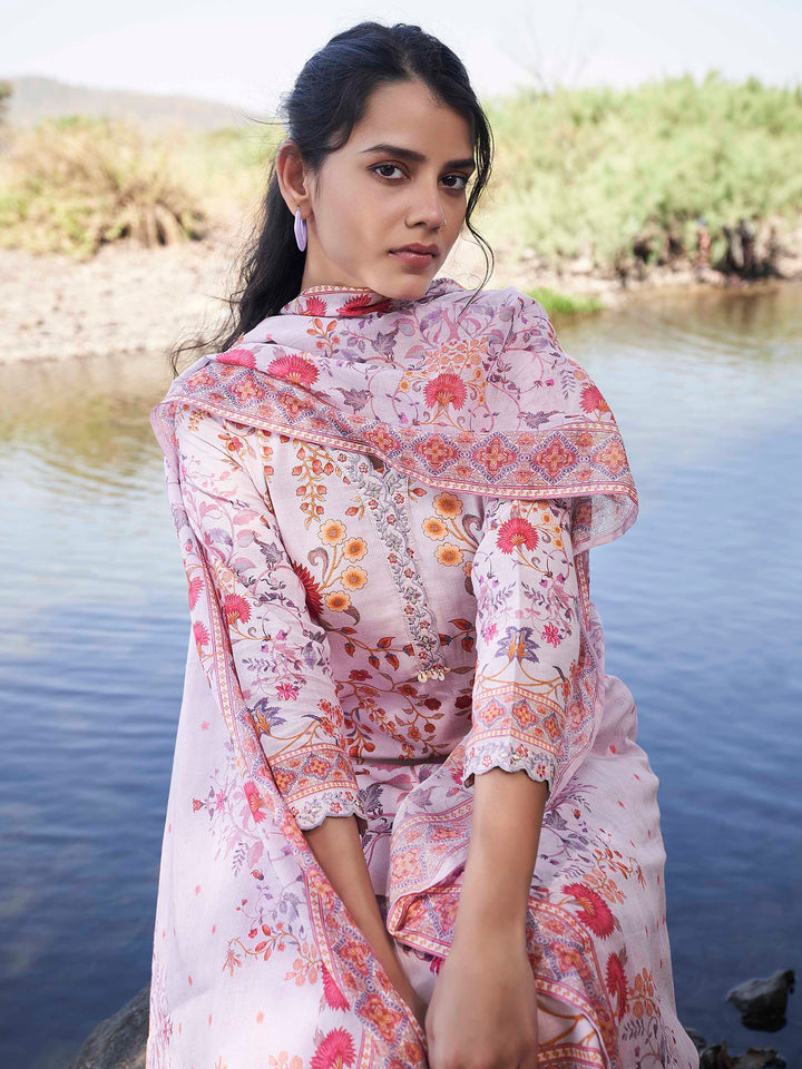 Floral Printed Anarkali Kurta With Pants &amp; Dupatta