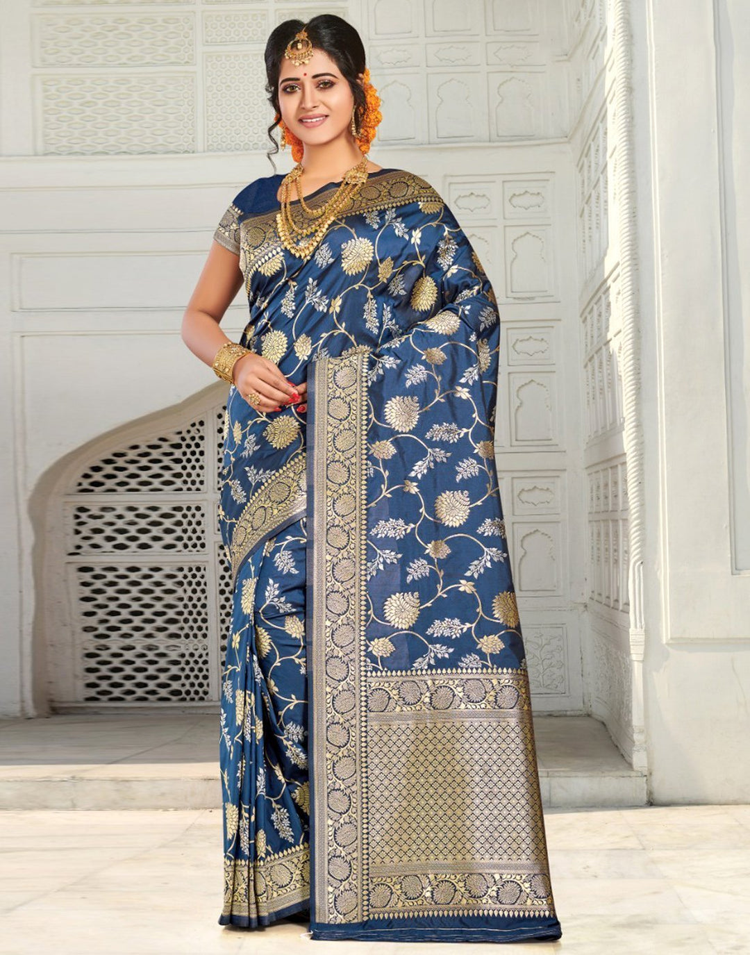 MBZ Meena Bazaar-Banarsi Silk Saree with Silver and  Golden Zari Booties