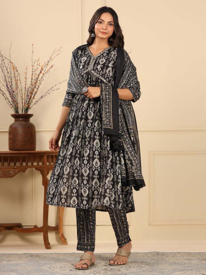 Floral Printed Cotton Kurta With Pants &amp; Dupatta