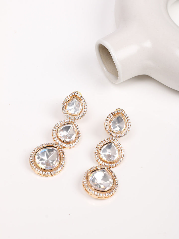 Golden &amp; White Kundan Drop Earrings