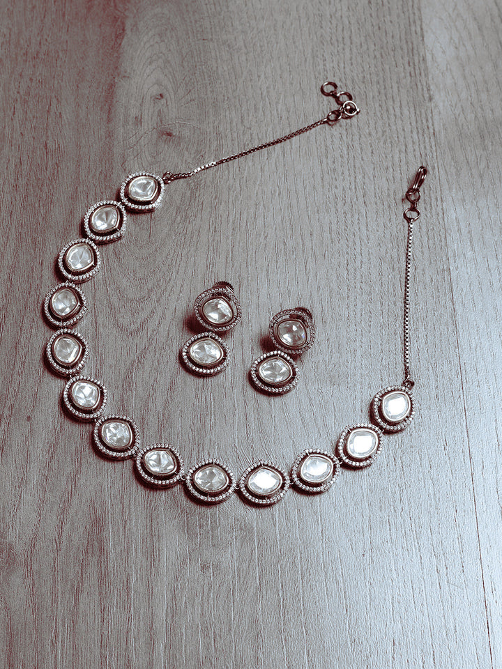 Silver &amp; White Kundan Necklace Set With Earrings