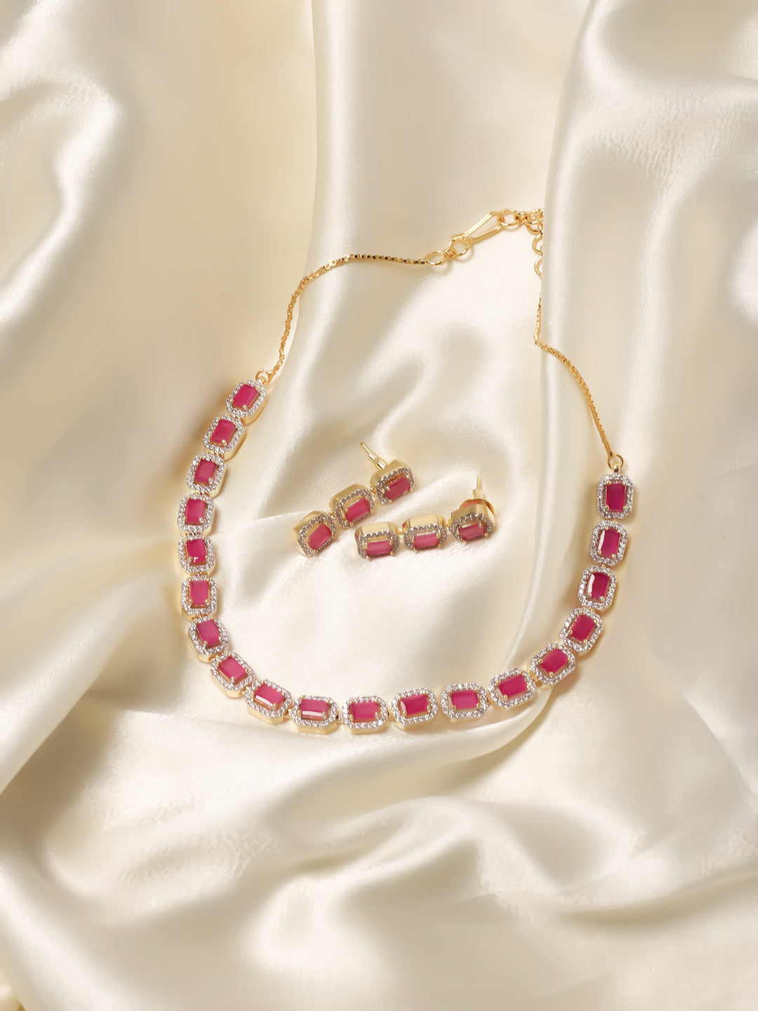 Golden &amp; Pink AD Necklace Set With Earrings