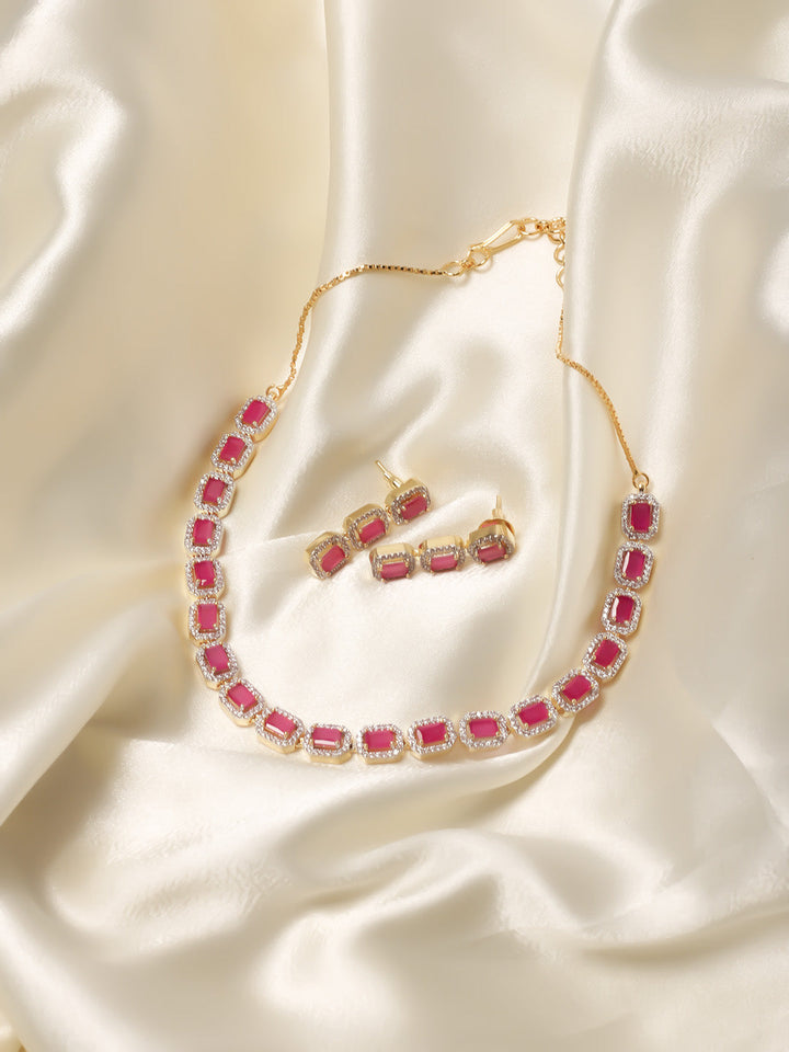 Golden &amp; Pink AD Necklace Set With Earrings