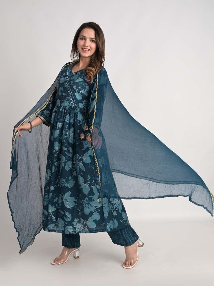 Printed Cotton Kurta With Pants &amp; Dupatta