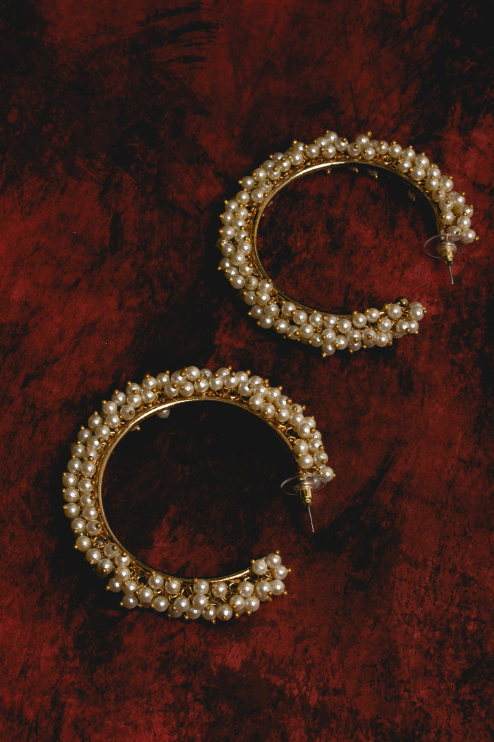 Golden &amp; White Pearl Hoop Earrings