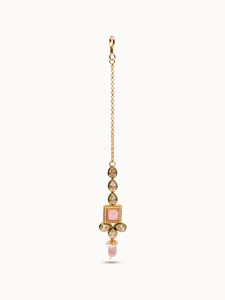 Golden &amp; Pink Kundan Necklace Set With Earrings &amp; Tikaa