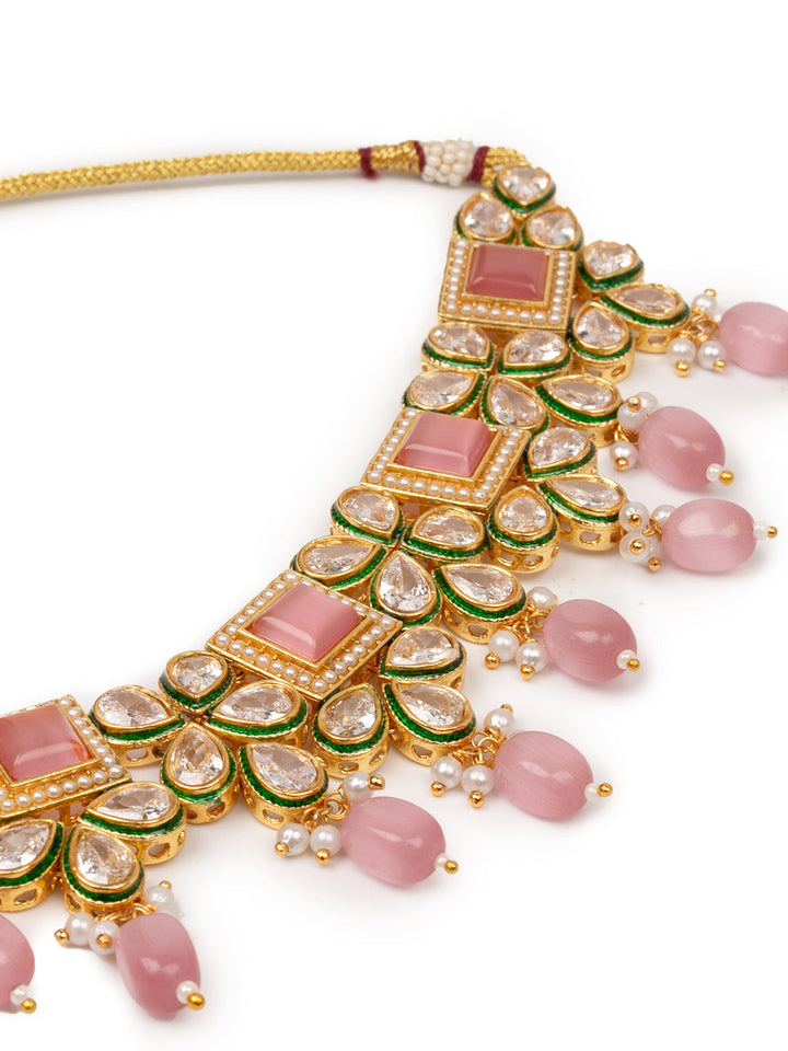 Golden &amp; Pink Kundan Necklace Set With Earrings &amp; Tikaa