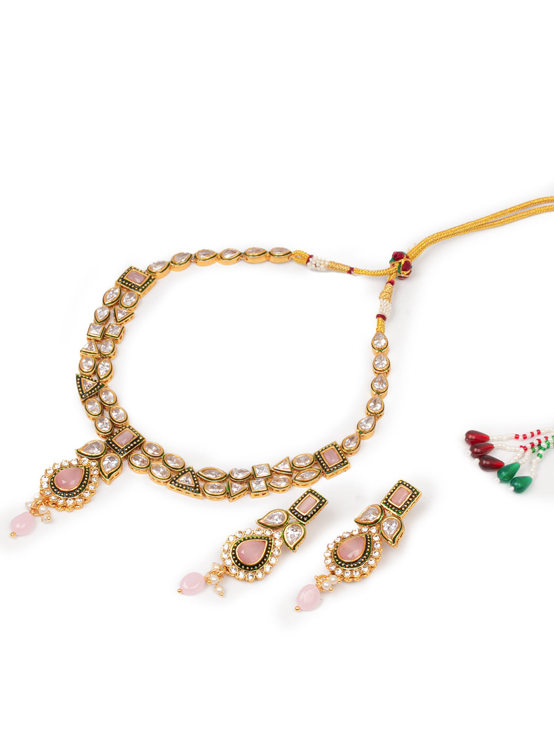 Golden &amp; White Polki Necklace Set With Earrings