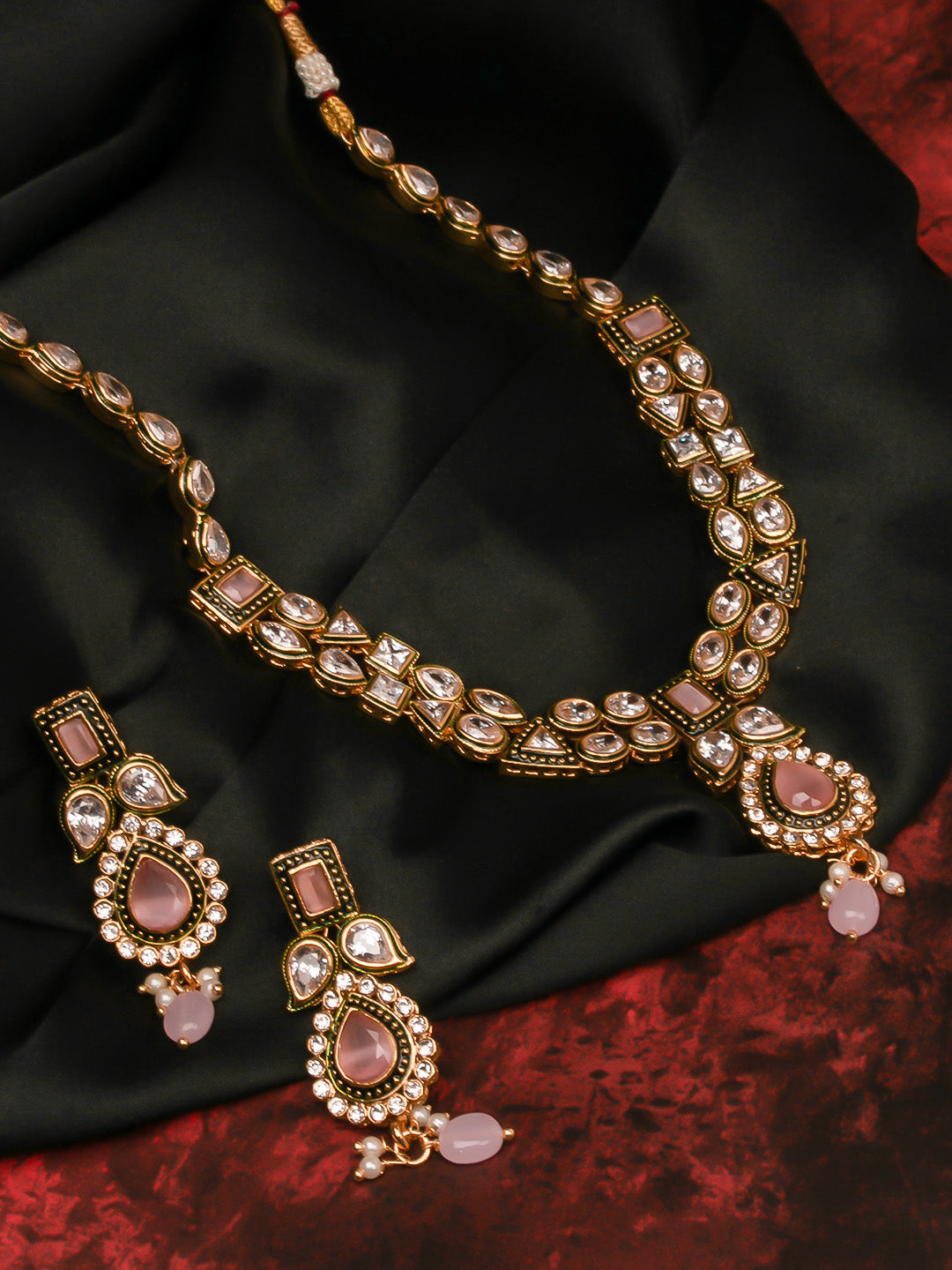 Golden &amp; White Polki Necklace Set With Earrings